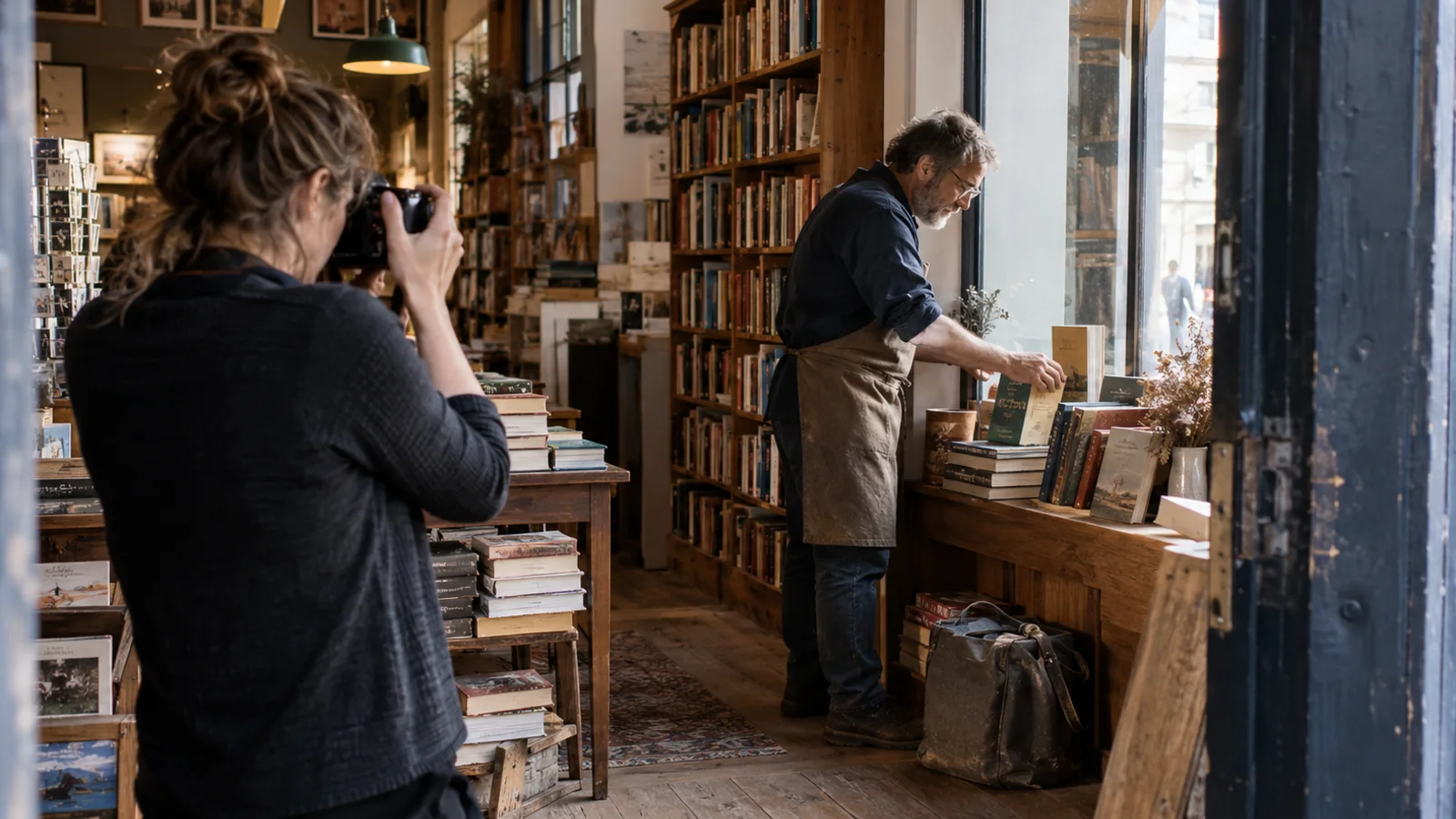 A photographer working with a bookseller on a shop-window display