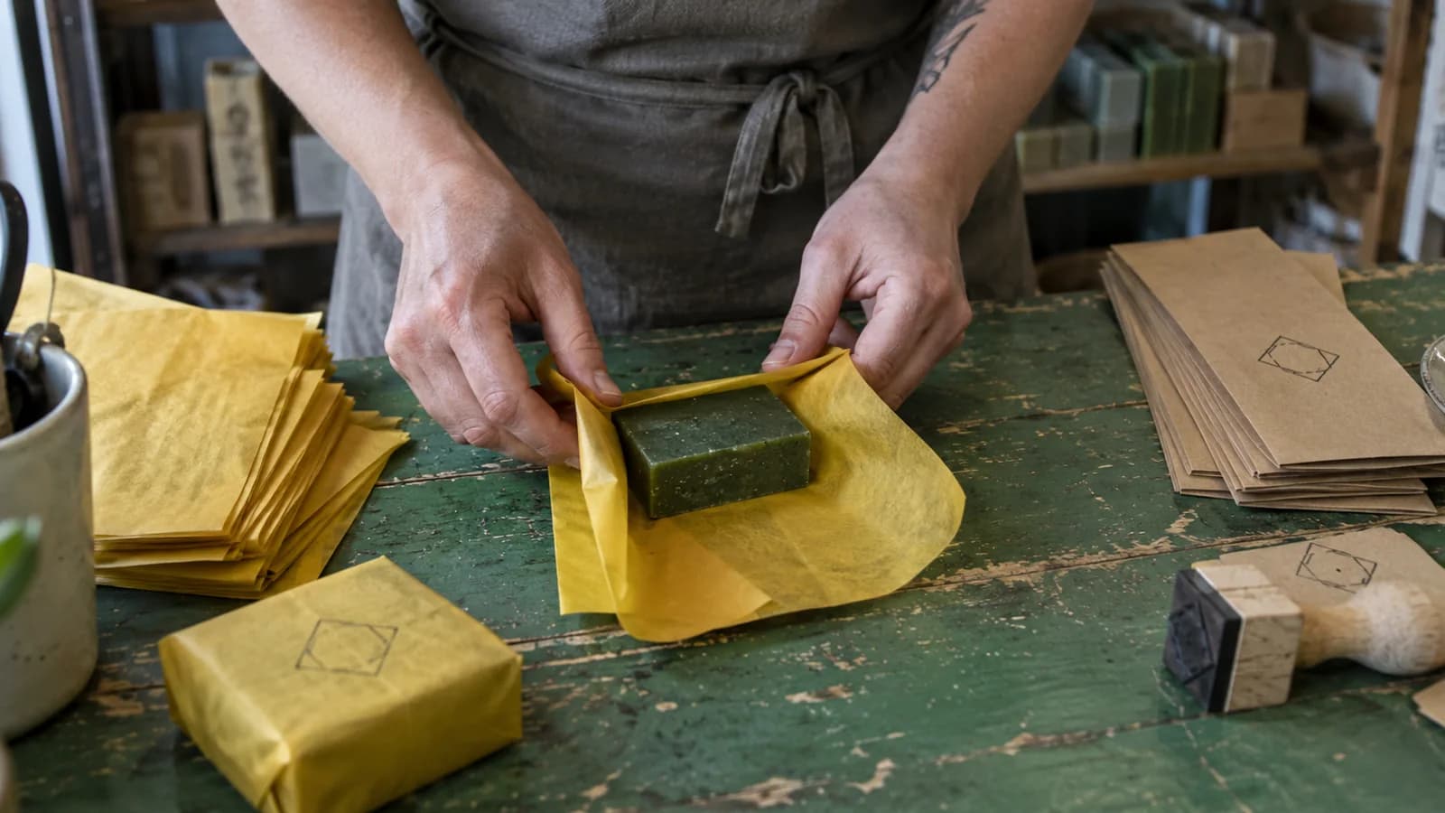 Hands wrapping green soap in mustard-colored tissue paper