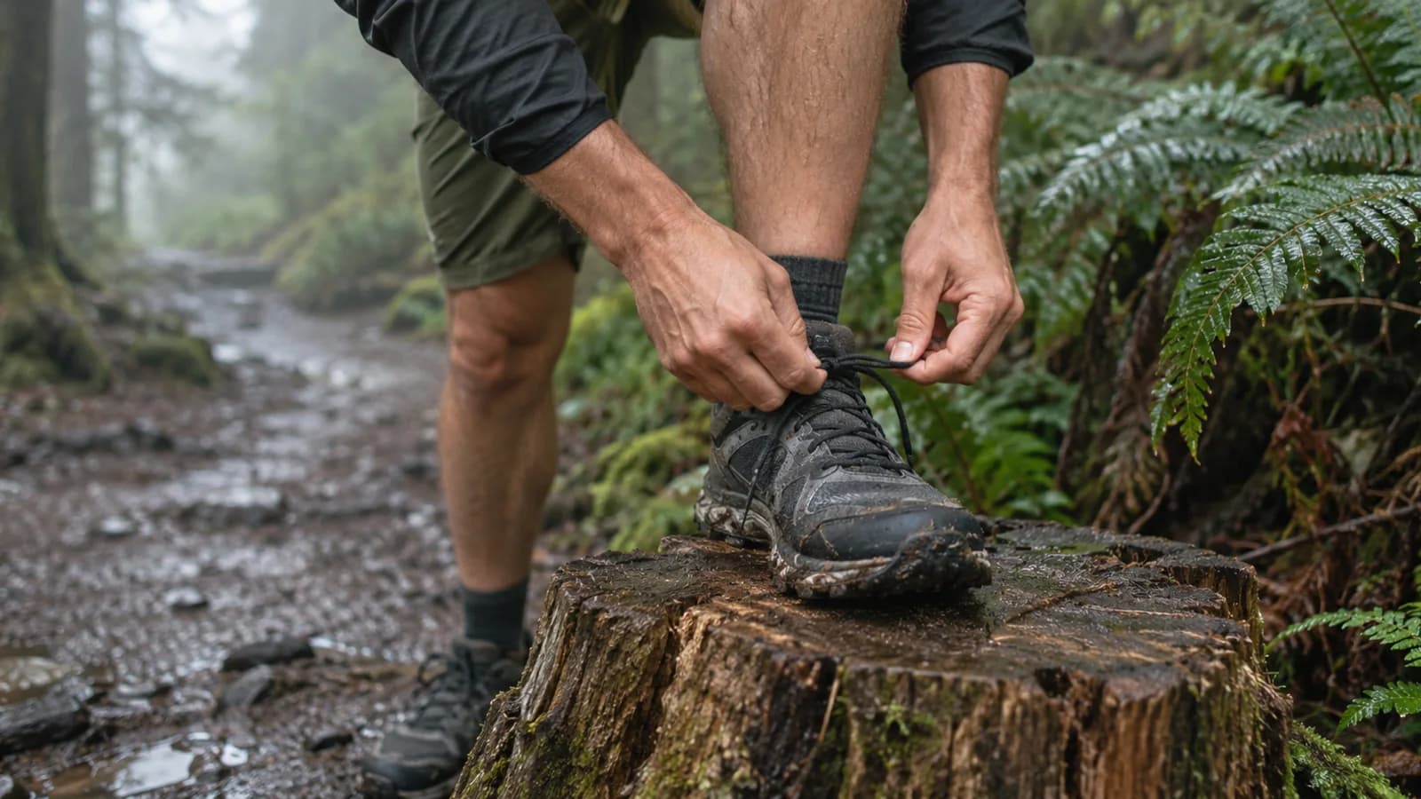 A runner tying a muddy trail shoe beside a forest path