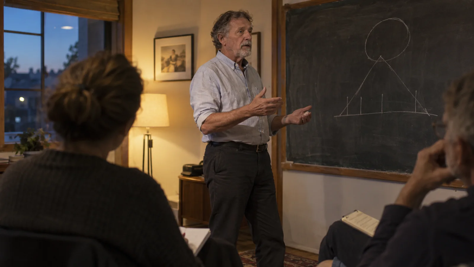 A consultant speaking to attendees at a small workshop