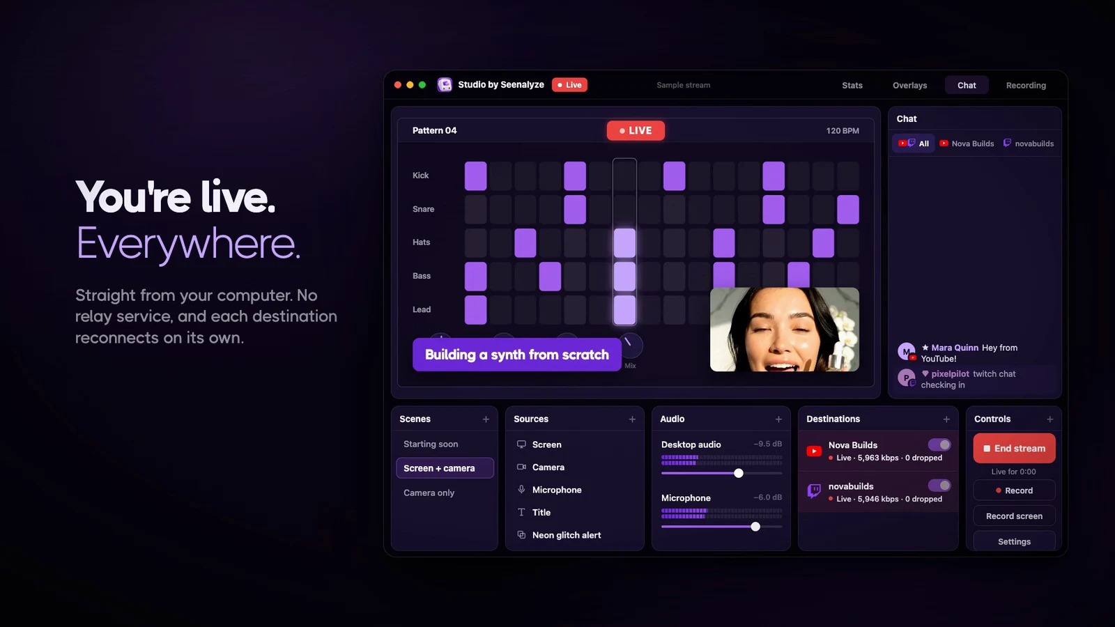 Záběr z produktového videa Studio by Seenalyze, na kterém se spouští vysílání na YouTube a Twitch